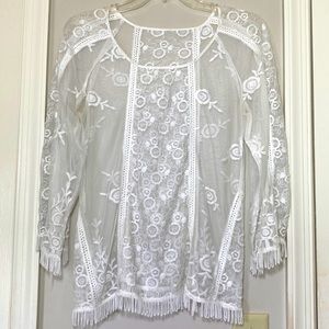 Sheer White lace embroidered top with fringe